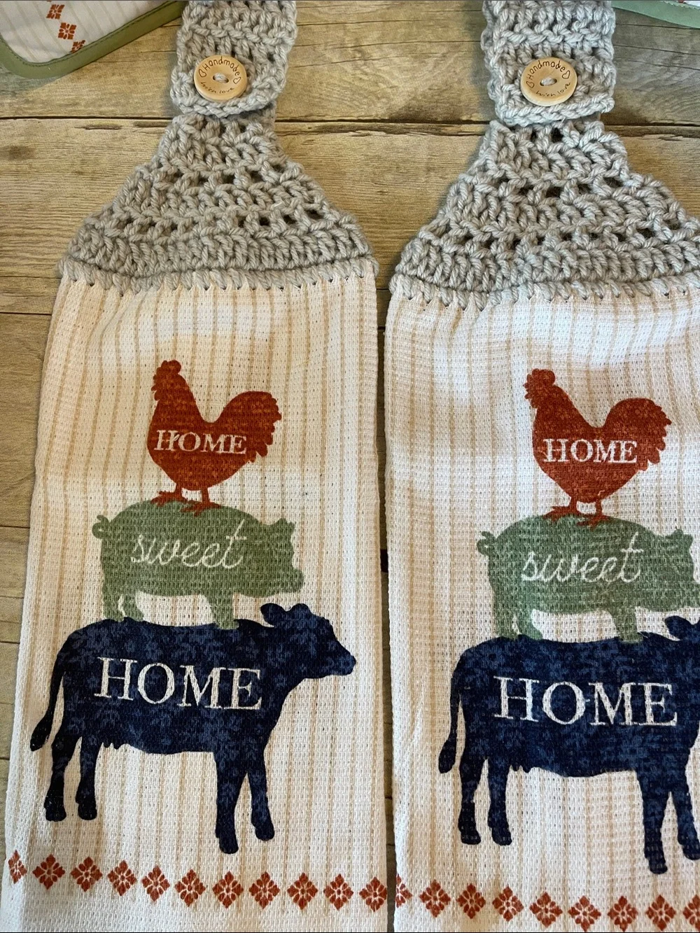 Bundle of 4 - Two Crochet Hanging Towels Double Thick and Two Pot Holders